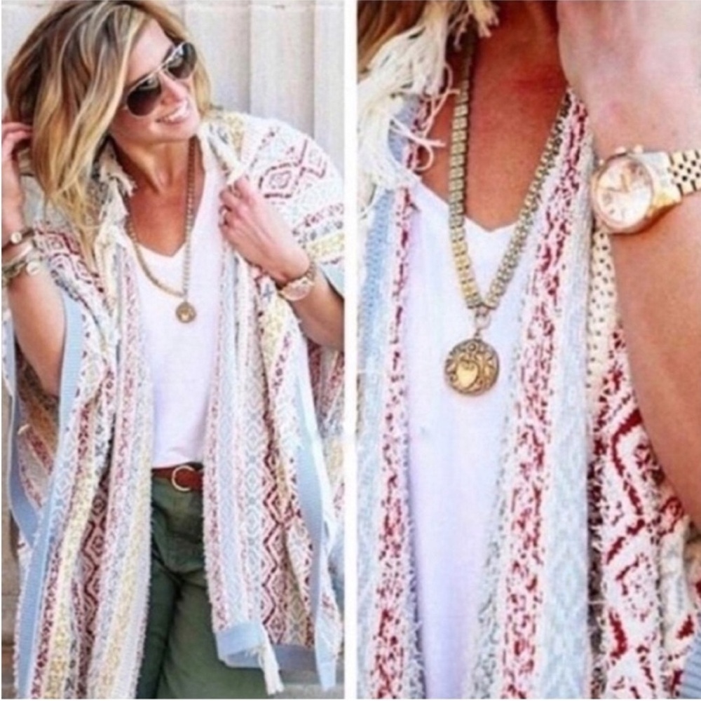 CAbi Fringe Open-Front Knit Cardigan in Cream, Rust & Light Blue
